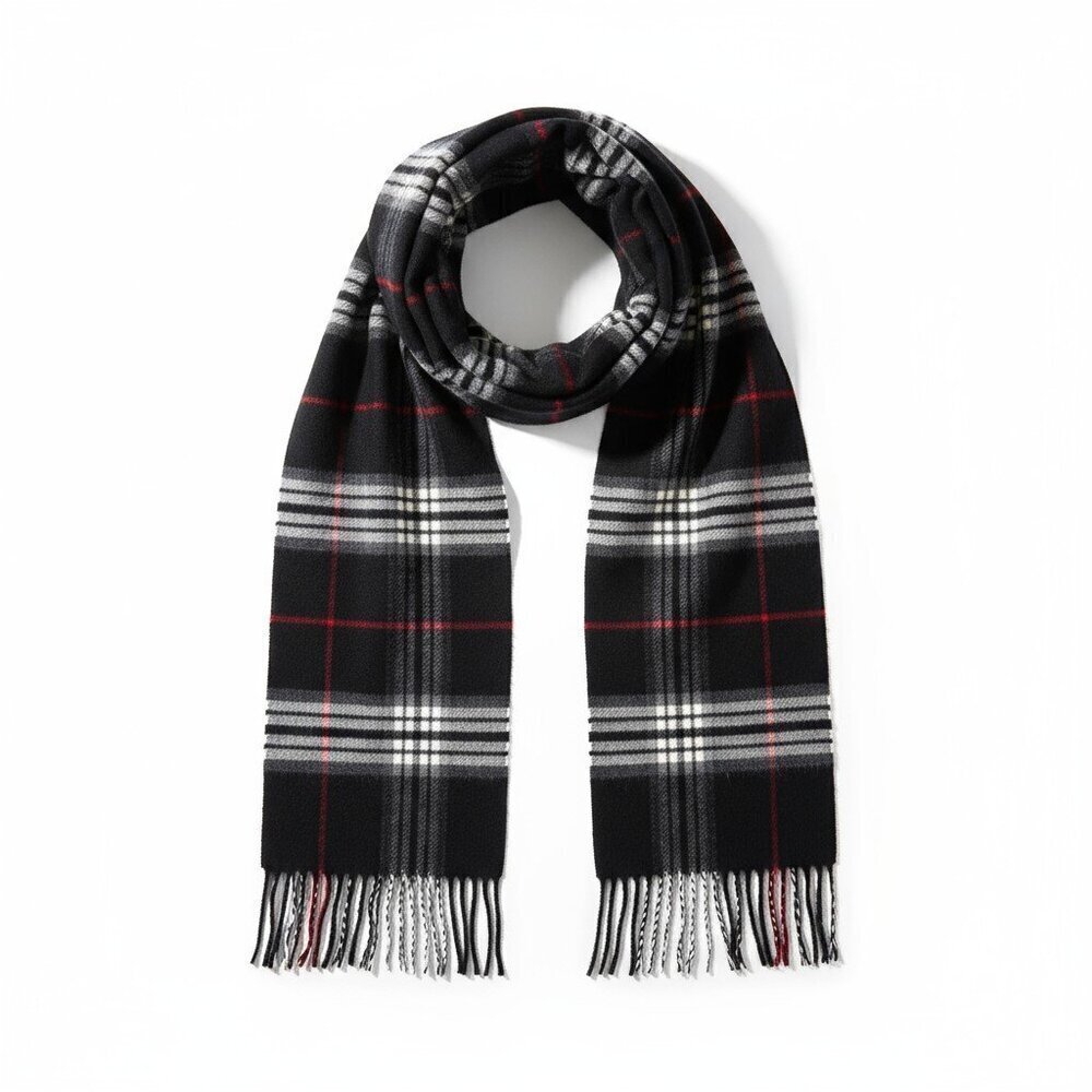 Black & Gray Plaid Fringe Scarf – Cozy Winter Accessory NWT